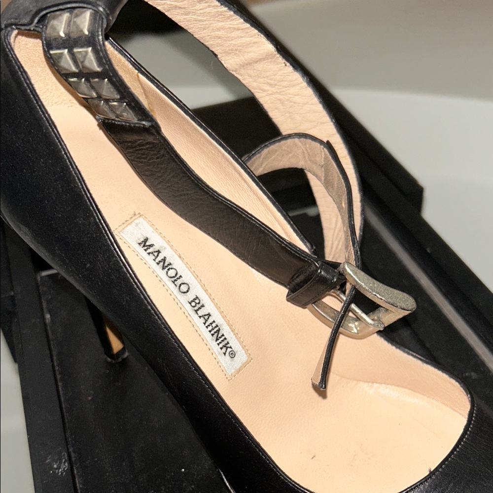 Manolo Blahnik Black Leather Heels with Silver Accents